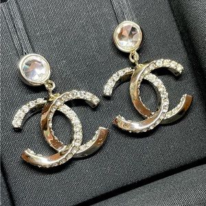 ♥️SOLD♥️ CHANEL 23B Gold w/ Crystal CC Logo Pendant Drop Statement Earrings
